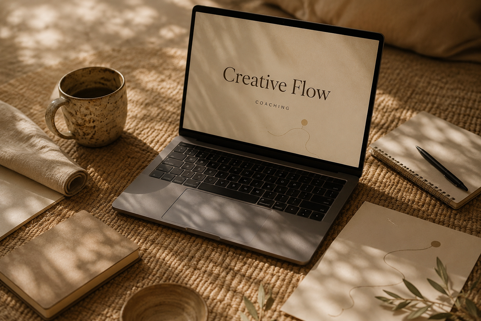 A laptop, ceramic mug and notebook in warm dappled light
